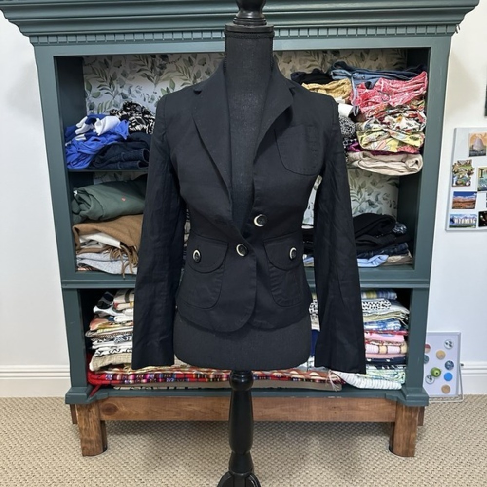 Banana Republic Womens Sz 0 Black Linen Cotton Blend Blazer Jacket Office Career